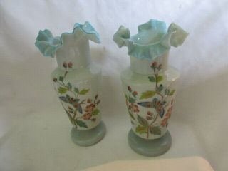 Victorian Ruffled Rim Antique Hp Bristol Glass Vases Semi - Translucent