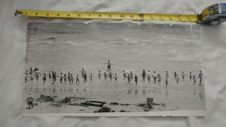 Rare Vintage Anitque Black & White Photo Kids Beach Instructor Water Waves Old