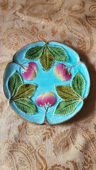 Antique Green Leaves Strawberry Majolica Plate Czechoslovakia 828 Approx 1910