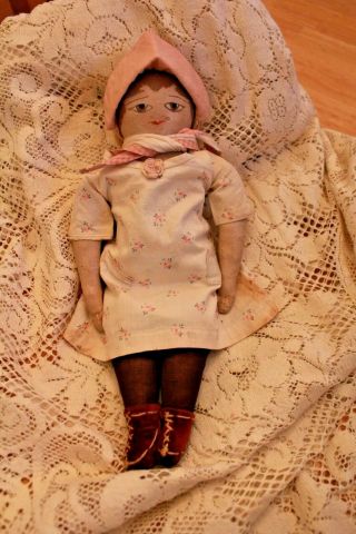 Antique Oil Cloth Doll Painted Face Old Clothing Velvet Shoes Stockings Dress
