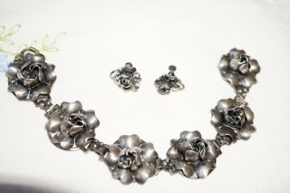 Antique Vintage Sterling Silver Cabbage Roses Link Bracelet & Screw Earrings