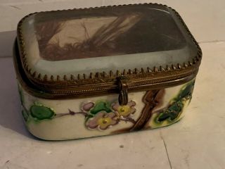 Antique Enameled jewelry casket trinket box beveled glass old 2