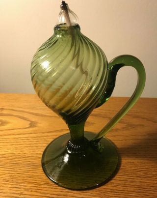 Vintage Retro Mid Century Rare Courting Oil Lamp - Green Swirl - Handle - Wick Holder