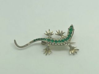 Rare Vintage Art Deco Gilt 800 Solid Silver Emerald Paste & Pearl Lizard Brooch