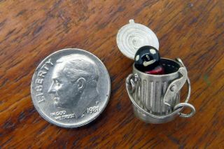 Vintage Sterling Silver Jack In The Box Garbage Can Movable Enamel Charm Rare
