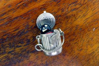 Vintage sterling silver JACK IN THE BOX GARBAGE CAN MOVABLE ENAMEL charm RARE 3