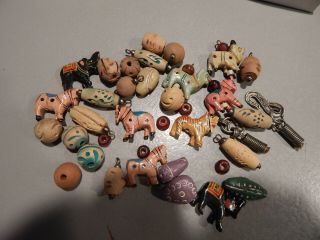 Vintage Hand Made And Painted Wood/clay Beads - Charms/w Hook - India