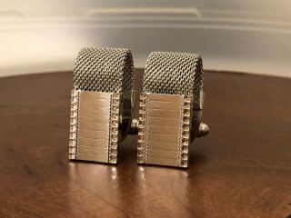 Vintage Silver Tone Rectangle Etched Wrap Around Mesh Cuff Links