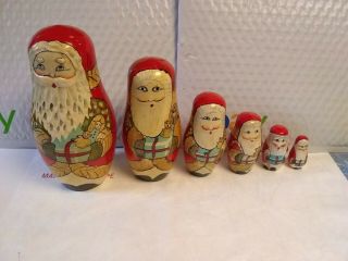 Vtg 6 Piece Handmade Hand Painted Wood Santas Nesting Dolls