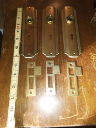Vintage Solid Brass Door Knob Plates With Lock And Strike Plates Nos