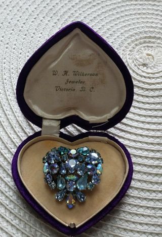 Antique RARE Purple VELVET PUSH button ♡ Heart shaped brooch ring pendant box 3