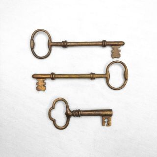 3 Vintage Antique Steamer Merchant Ship Old Solid Brass (?) Skeleton Lock Keys