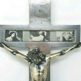 Vintage Antique Heavy Metal Wall Crucifix Cross Jesus Church Salvage Glass Photo