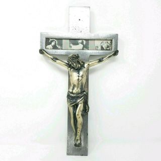 Vintage Antique Heavy Metal Wall Crucifix Cross Jesus Church Salvage Glass Photo 2