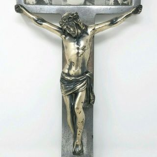 Vintage Antique Heavy Metal Wall Crucifix Cross Jesus Church Salvage Glass Photo 3