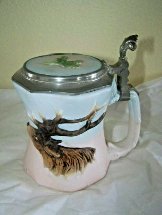 Antique Unique Bisque Stein With Lid And Great Stag On Side