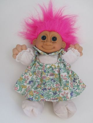 Vintage Russ Troll Doll 12 " Soft Plush Girl Pink Hair W/ Floral Dress Bingo