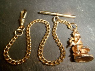 Vintage Gold Plated Albert Pocket Watch Chain And Pixie Charm Fob
