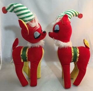 Rare Two Vintage 1950s Red Reindeer With Sawdust Stuffing Made In Tokyo Japan
