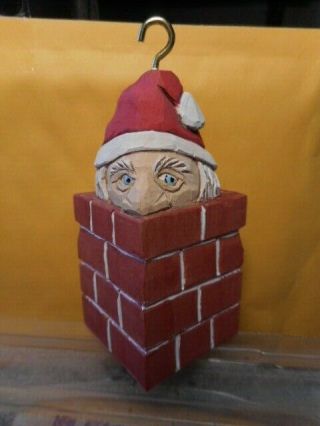 Santa Claus Stuck In Chimney Hand Carved Wood Figure Ornament With Hanger