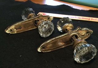 (2) Vintage Glass And Brass Door Knob Set With 12 Point Knob With Plates