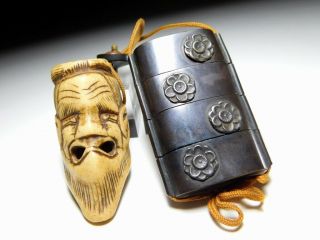 Rare Kinko Metal Inro W Noh - Mask Netsuke 19thc Japanese Edo Antique