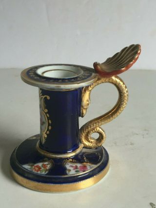 Antique English Porcelain Snake Handle Candle Chamberstick Shell Thumbrest 19thc