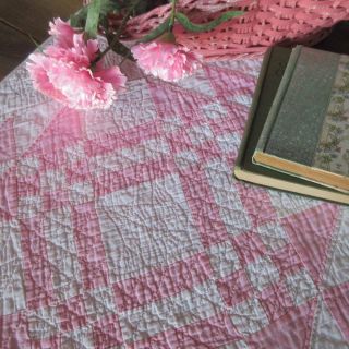 Vintage Pink White " Young Mans Fancy " Table Or Doll Quilt 21x22