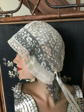 French Antique Ladies Handmade Bonnet - Valenciennes Lace,  Tulle Embroidered