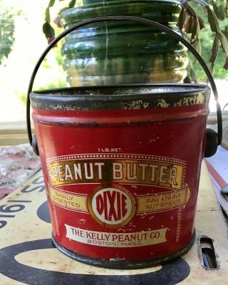 Antique Dixie Peanut Butter 1 Lb Tin Litho Pail Can Wire Bale Handle Kellyboston