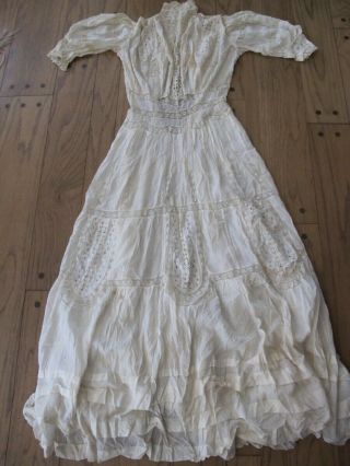 Antique Edwardian High Neck Cotton Embroidered And Lace Bride Wedding Dress