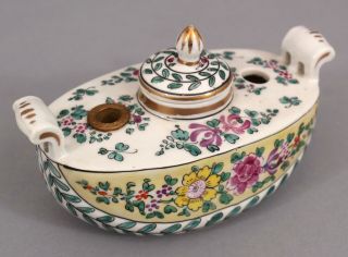 1890s Antique Hand Painted French Porcelain Handled Inkwell, 2