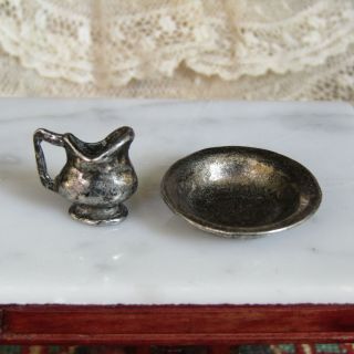 Dollhouse PEWTER BOWL PITCHER Silver Milk Dish Artisan Artist Colonial Dry Sink 2