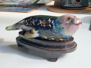 Vintage Chinese Cloisonne Enamel Sea Lion Figurine With A Wooden Stand
