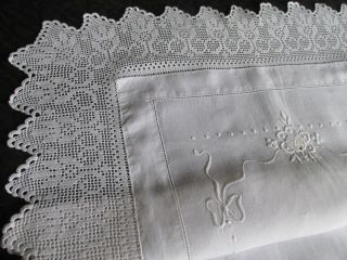 Antique Hand Embroidered Butlers Traycloth - Hand Crochet Lace Edging