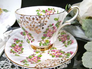 Queen Anne Tea Cup And Saucer Apple Blossom Pattern Teacup Gold Gilt Work 1940 