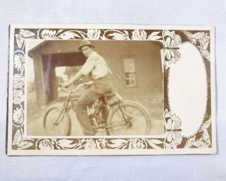 Antique Real Photo Postcard Of Man On Bicycle With Butterfly Frame