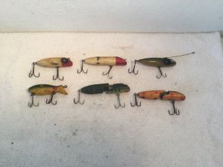 6 Vintage Wooden Topwater Fishing Lures (1) Merry Widon,  1 - Makilure & 4 - Unmarked