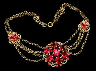 Rare Vintage 16 " X1 - 1/2 " Miriam Haskell Brass Red Glass Festoon Necklace A57