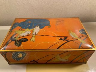 Vintage Art Deco Orange And Blue Canco Tin Box With Canaries Exc Cond.