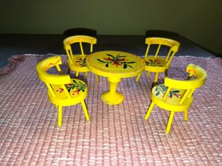 Vintage Dollhouse Wooden Wood Folk Art Hand Painted Kitchen Table & Chairs Japan