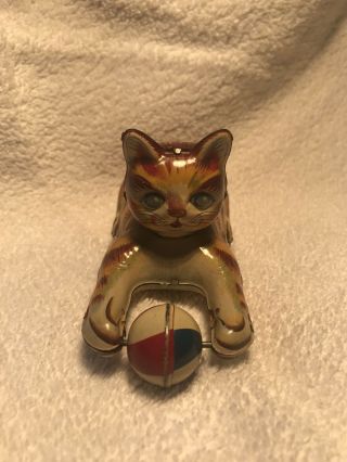 Rare Vintage Tin Litho Toy Cat Chasing Ball Tn Japan 29372 Friction Toy By Ishiy