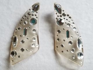 Rare Bill Schiffer 1984 Clear Lucite Clear Rhinestone Pierced Earrings
