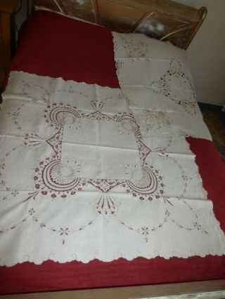 2 Vintage Madeira Work Embroidered Linen Tablecloths,  48 " Sq,  42 " Sq.