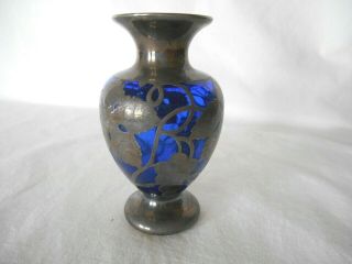 Antique Vintage Cobalt Blue Glass & Silver Overlay 4 1/2 " Cabinet Vase - Grapes
