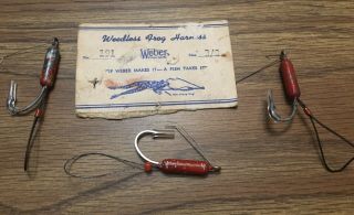 Rare Vintage Frog Lure (3) Weber Weedless Hook Metal Bait Harness With Card