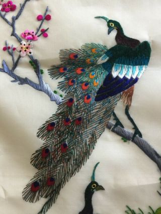 Vintage Oriental Asian Silk Embroidered Peacocks In Tree Tapestry Set Of Two