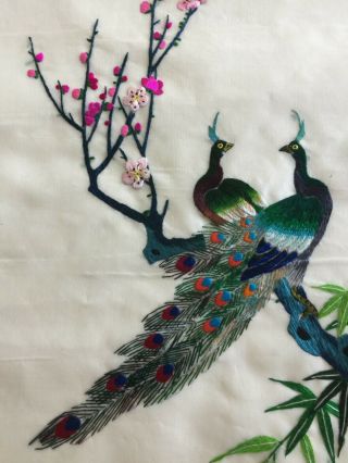 Vintage Oriental Asian Silk Embroidered Peacocks In Tree Tapestry Set Of Two 3
