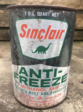 Vtg 1950s Sinclair Anti - Freeze 1 Quart Oil Can Tin Methanol Base Rare Dino