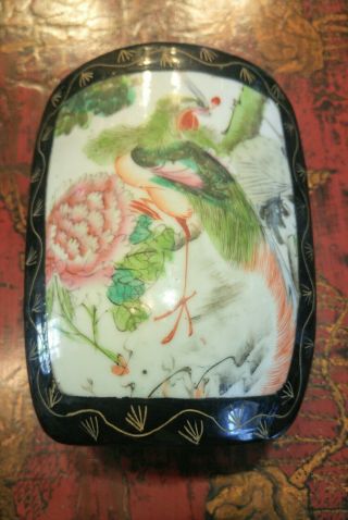 Antique Chinese Shard Box Lacquered Wood & Famille Rose Porcelain Phoenix Peony